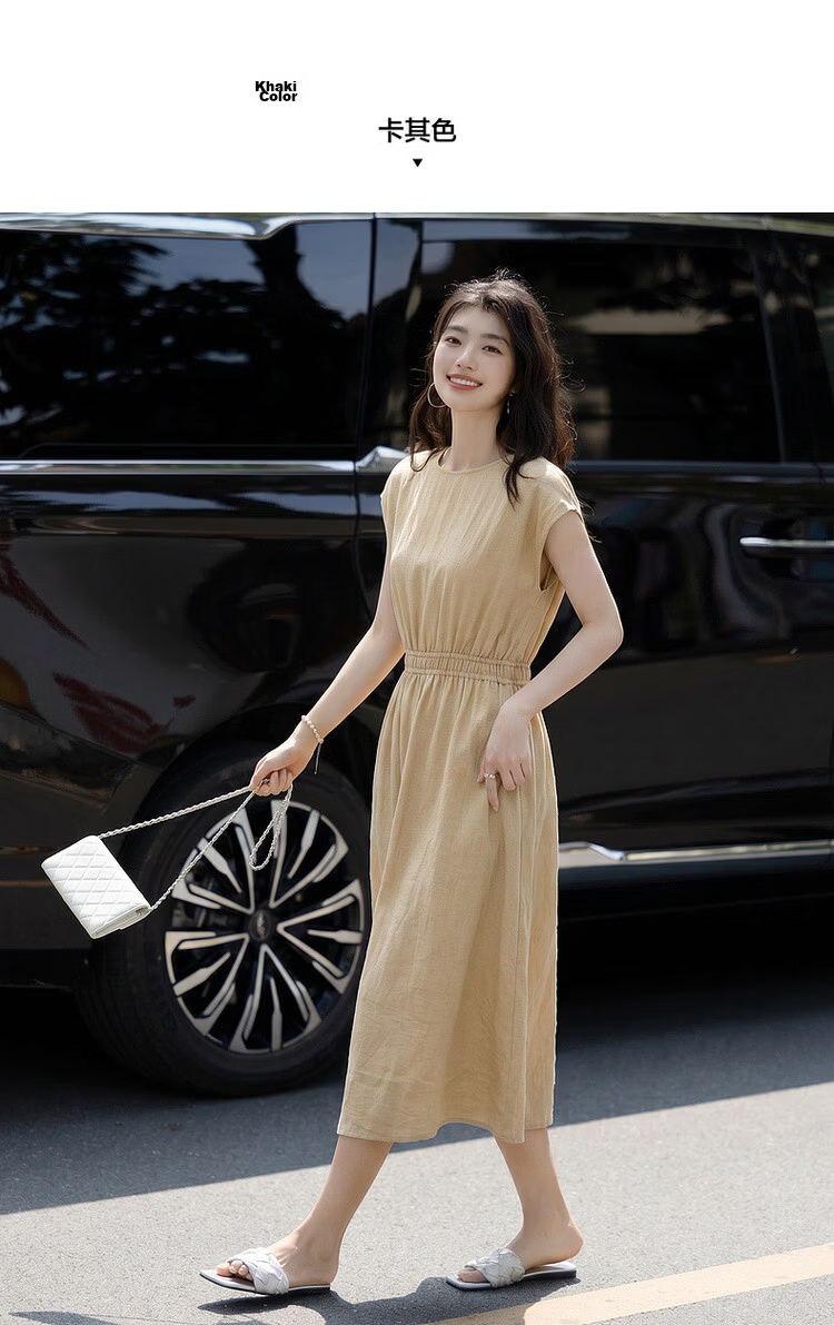 Demana [Elegance Companion] Summer Commuter Style Round Neck High Waist Cap Sleeve Lightweight Draped Mid-Length Women's Dress 12