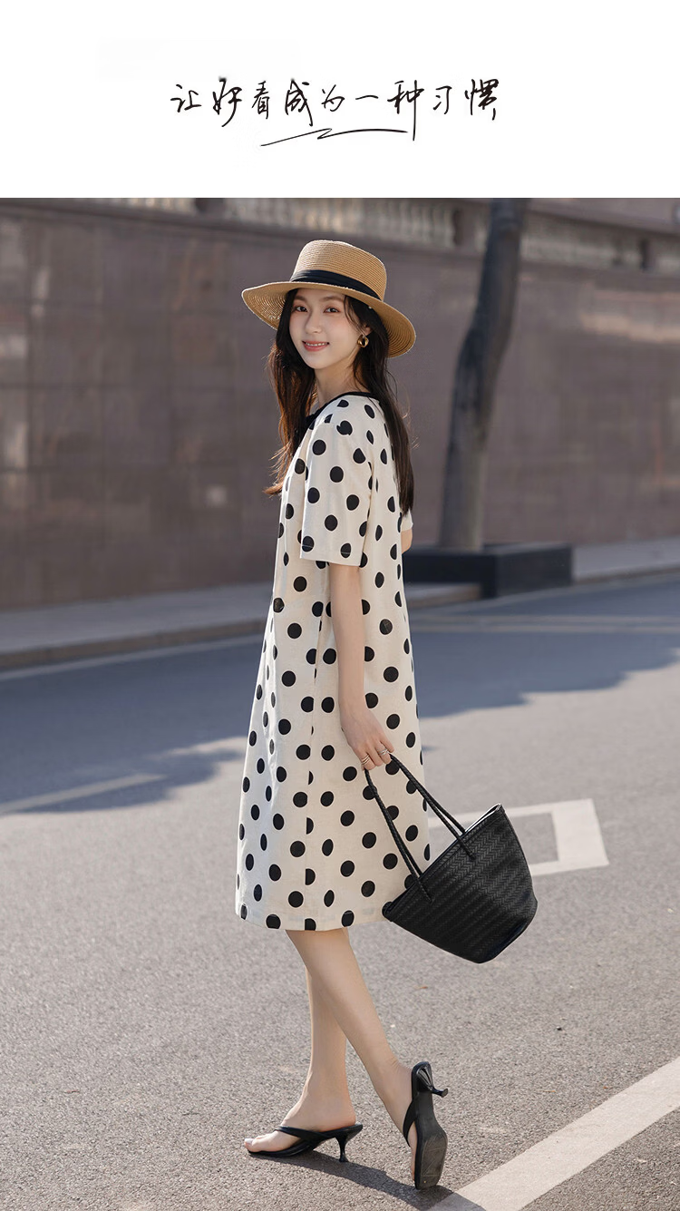 Demana [with Flax Cloud Oxygen Cotton] Summer Bowknot Decor Round Neck Polka Dot Print Loose Dress for Women Premium Quality 1