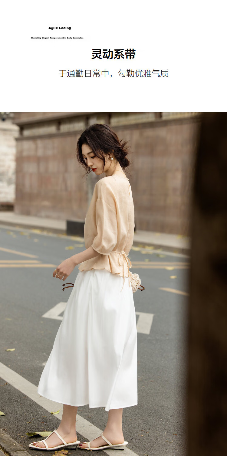 Demana [Ramie Lyocell Blend] Summer Elegant Round Neck Tie Loose Slimming Concealing Shirt for Women High-End Feel 7
