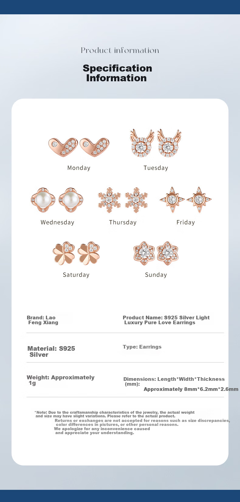 Lao Feng Xiang Light Luxury Pure Love Weekday Earrings Gift Box Set for Girlfriend Valentine's Day Gift 9