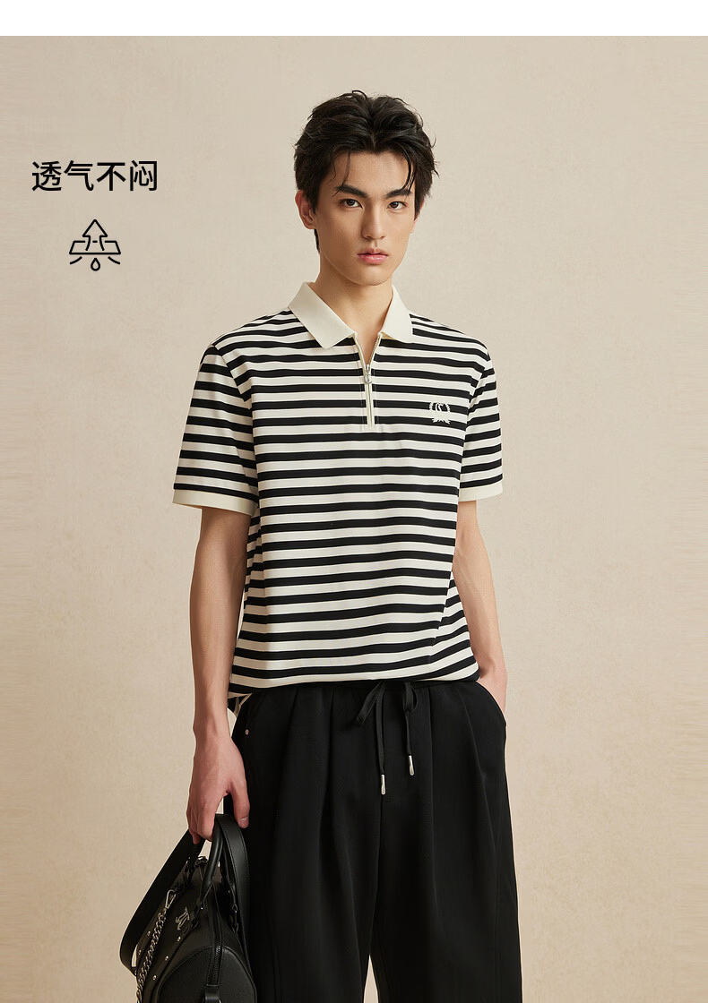 CABBEEN Mercerized Pique Striped Half-Zip Polo Shirt Men Classic Striped Summer 2026 Short Sleeve Breathable Polo Shirt 15