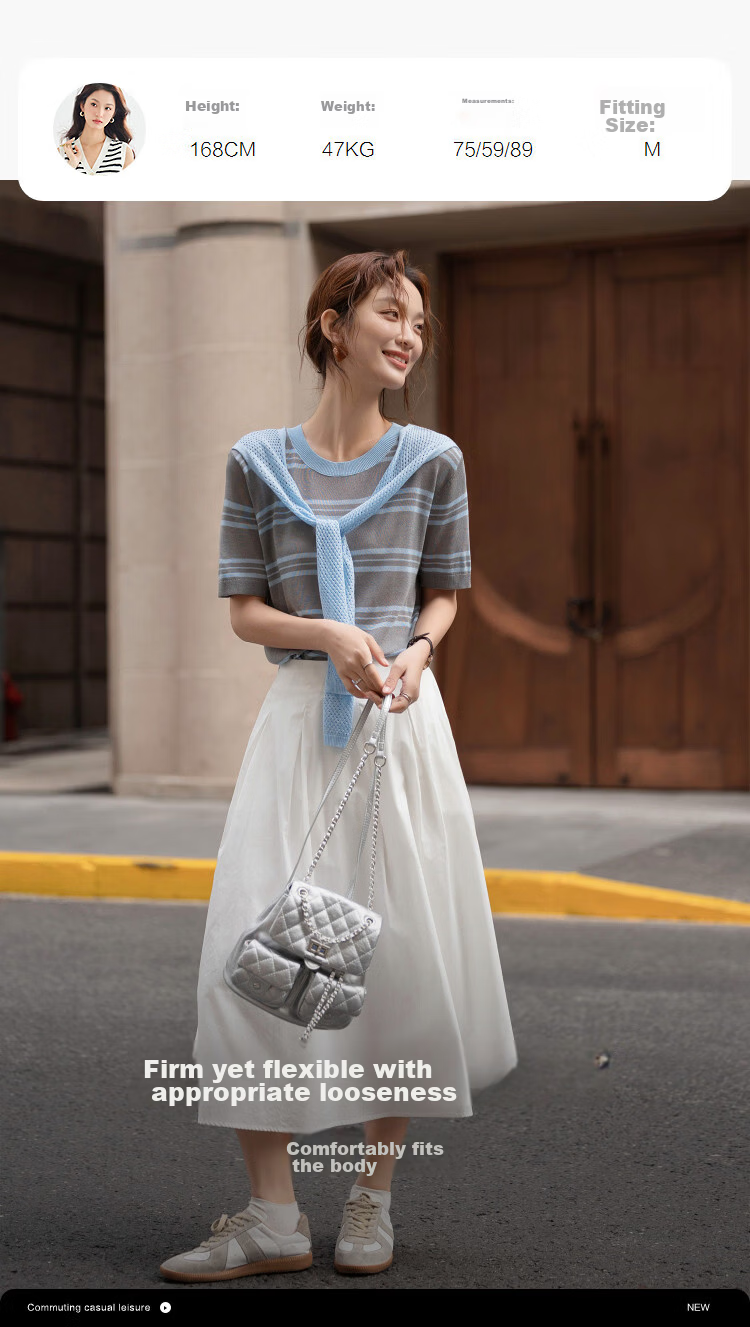 Demana Breathable Yarn Spring College Style Ribbon Striped Loose Slim Short Sleeve Women's Knit Sweater 9