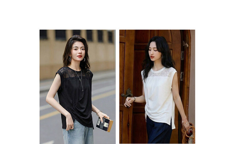 Demana [Cooling Black Technology Sorona] Summer Elegant Lace Splice Crew Neck Pleated Hem Short Sleeve Women's T-Shirt 6