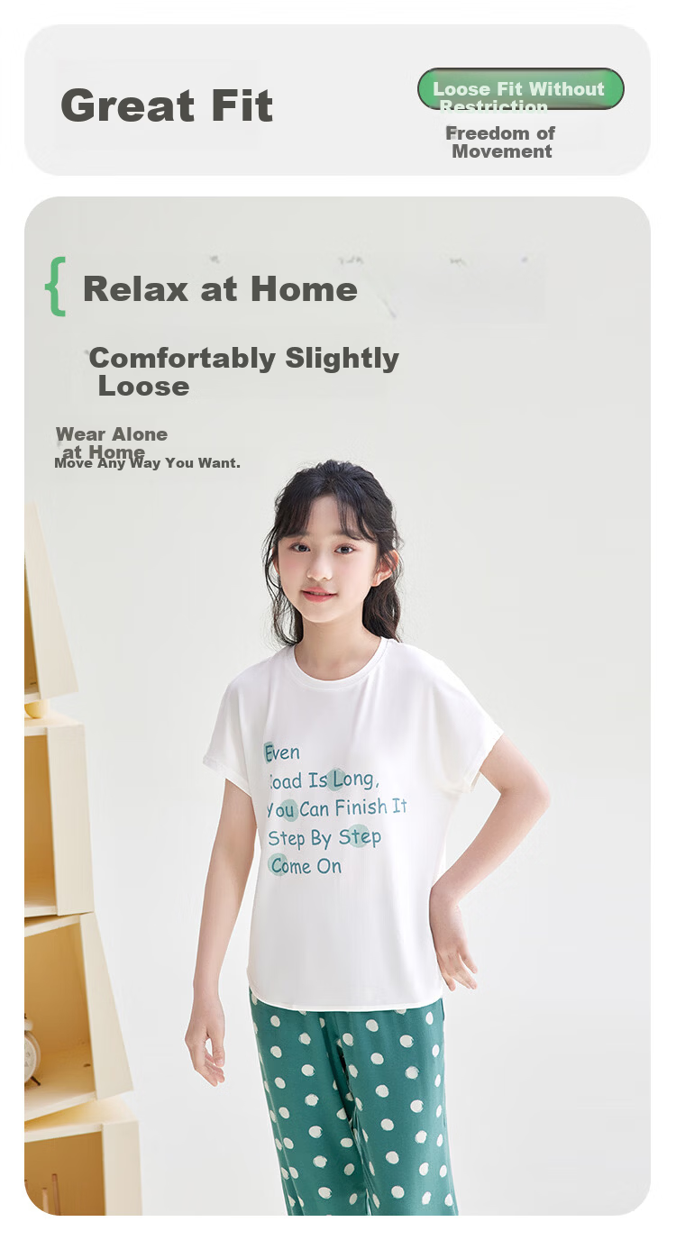 Hodohome Modal Girls' Summer Short Sleeve Pajama Set Breathable Soft Stretch Cute Print Homewear 6