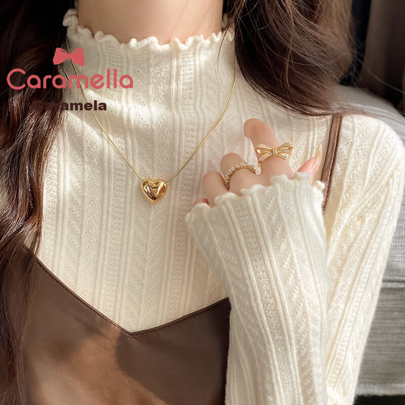 Caramella Women's 38 Goddess Festival Gift Semi-Turtleneck Ruffled Jacquard Long-Sleeve T-Shirt Spring Autumn