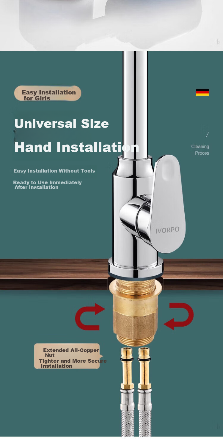 IVORPO [Germany] All-Copper Kitchen Pull-Out Faucet Hot and Cold Two-in-One Rotatable Sink Stretchable Swivel Faucet 9