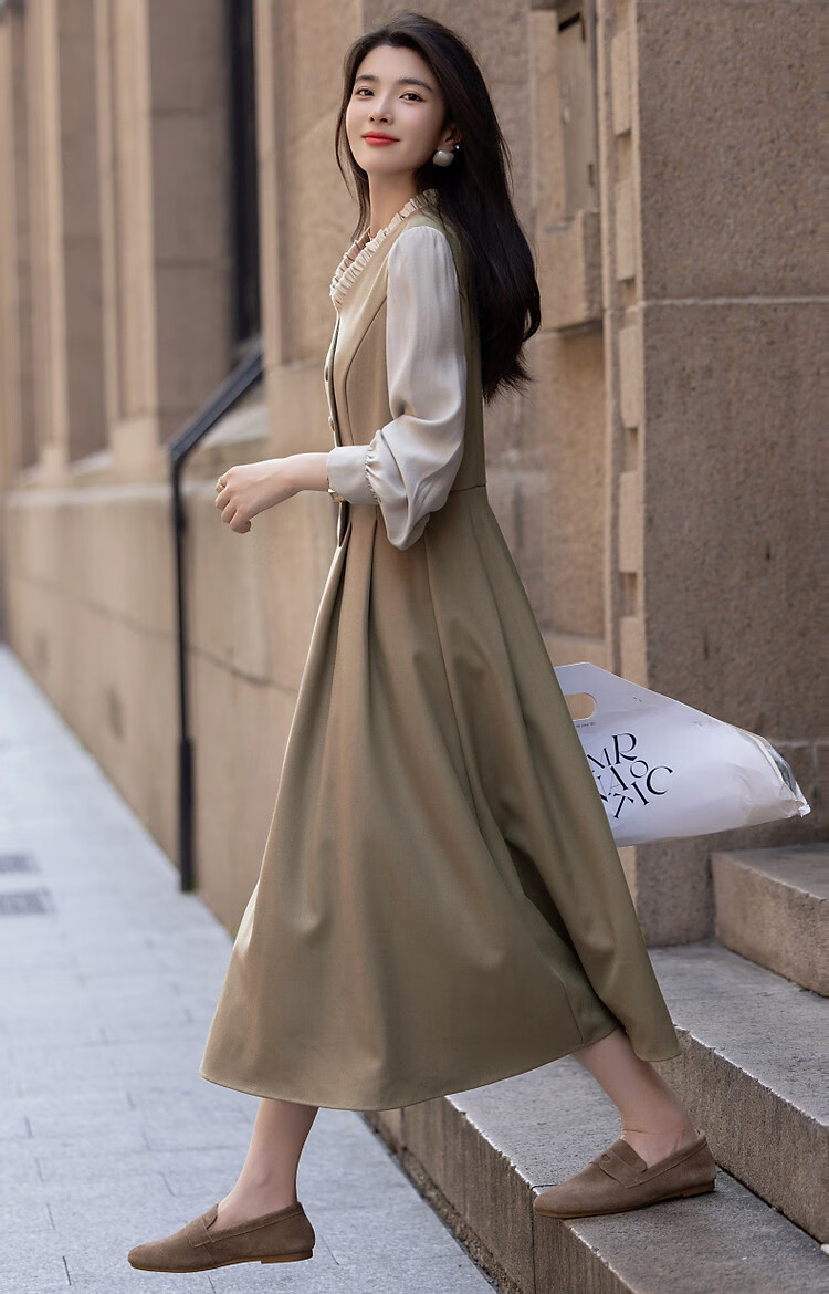 Dme [Ambiance Expert] Spring And Autumn Vintage Faux Two-Piece Ruffle V-Neck Puff Sleeve Waist-Cinching Pleated Women's Dress 16
