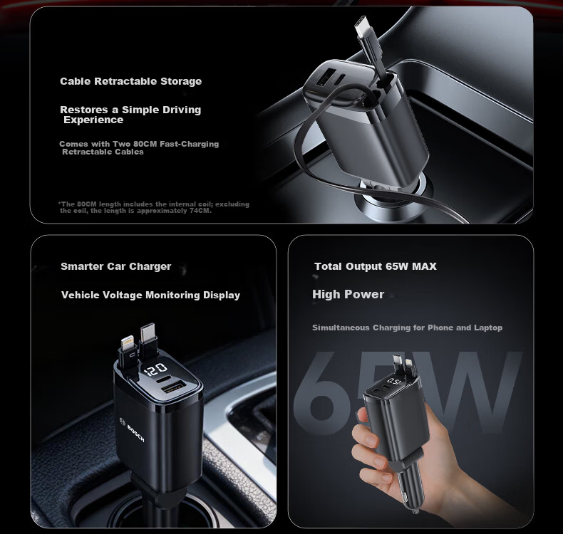 BOSCH SC580 Car Charger Super Fast Charging Cigarette Lighter Adapter Triple USB Car Charger Super Fast Car Charging Head 4