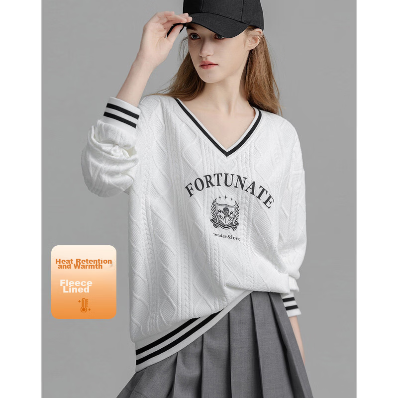 Demana British College Style Spring Autumn New V-Neck Drop Shoulder Long Sleeve Letter Color-Block Embroidered Striped Sweatshirt for Women