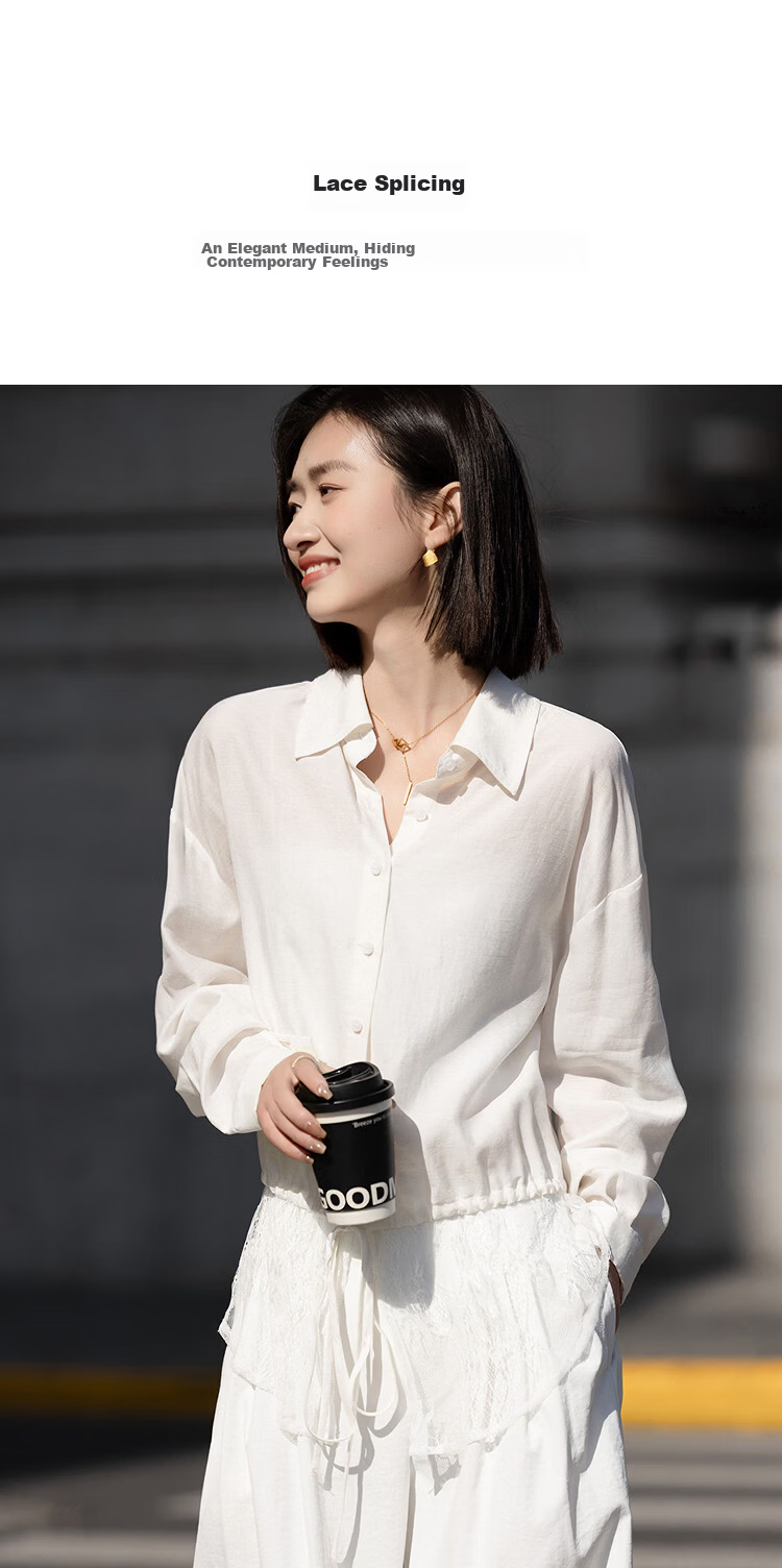 Demana Luxury Linen Spring Elegant Lapel Lace Splice Drawstring Loose Petite Women's Shirt 7