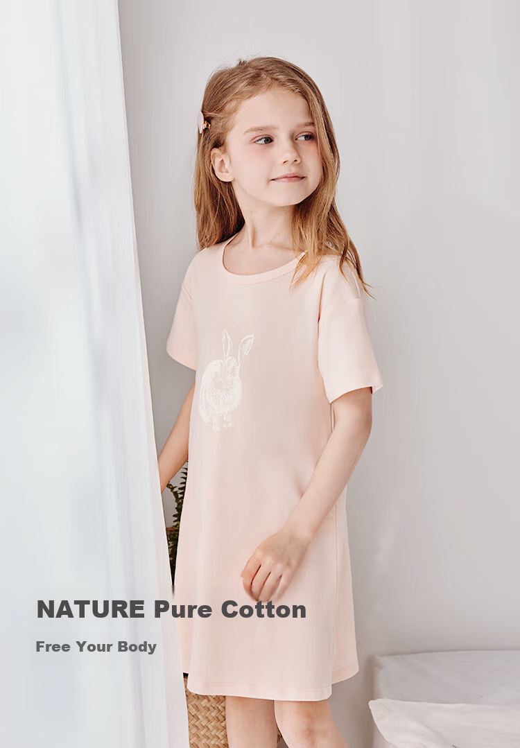 Junejunior [Under Babylove Brand], Children's Nightgown, Spring And Summer Short-Sleeve High-Count Pure Cotton Dress, Girls' Loungewear Pajamas 1