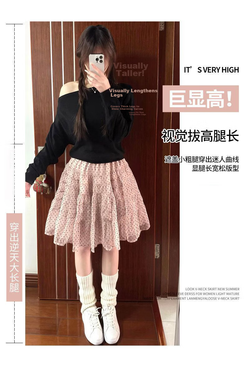 Langsha Pink Polka Dot High-Waist A-Line Mini Skirt Women's Summer 2026 Slimming Puffy Cake Skirt for Petite 6
