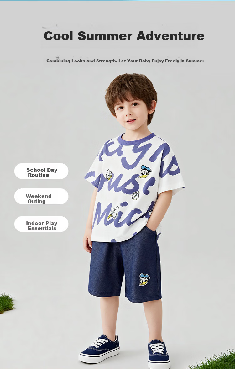 Disney Boys Comfortable Trendy Short Sleeve and Shorts Set Summer New Two-Piece Purple Size 90 5