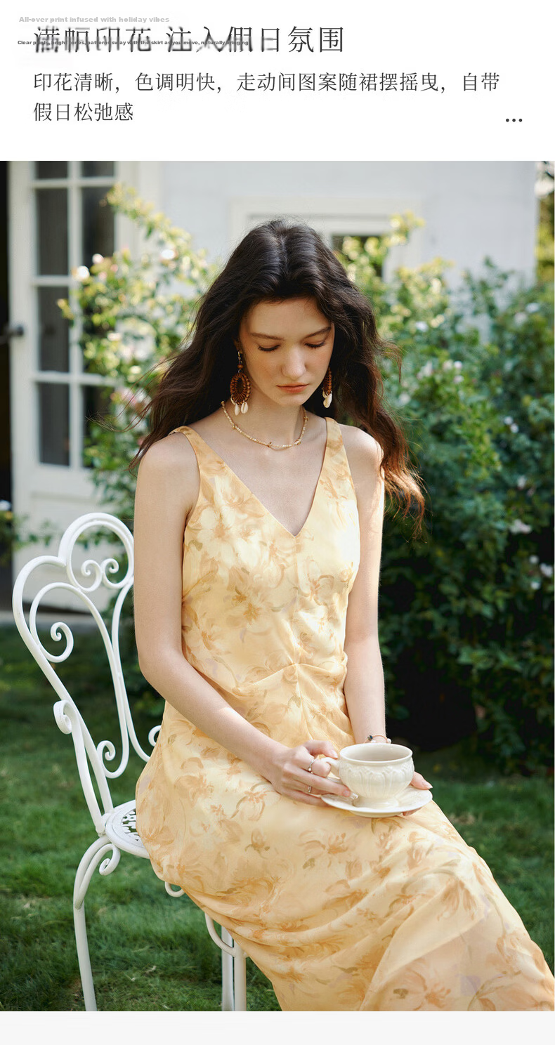 Olrain Oureier Summer New V-Neck Vest Dress Layered Pleated Deconstructed Vacation Style Printed Long Dress Yellow M 5