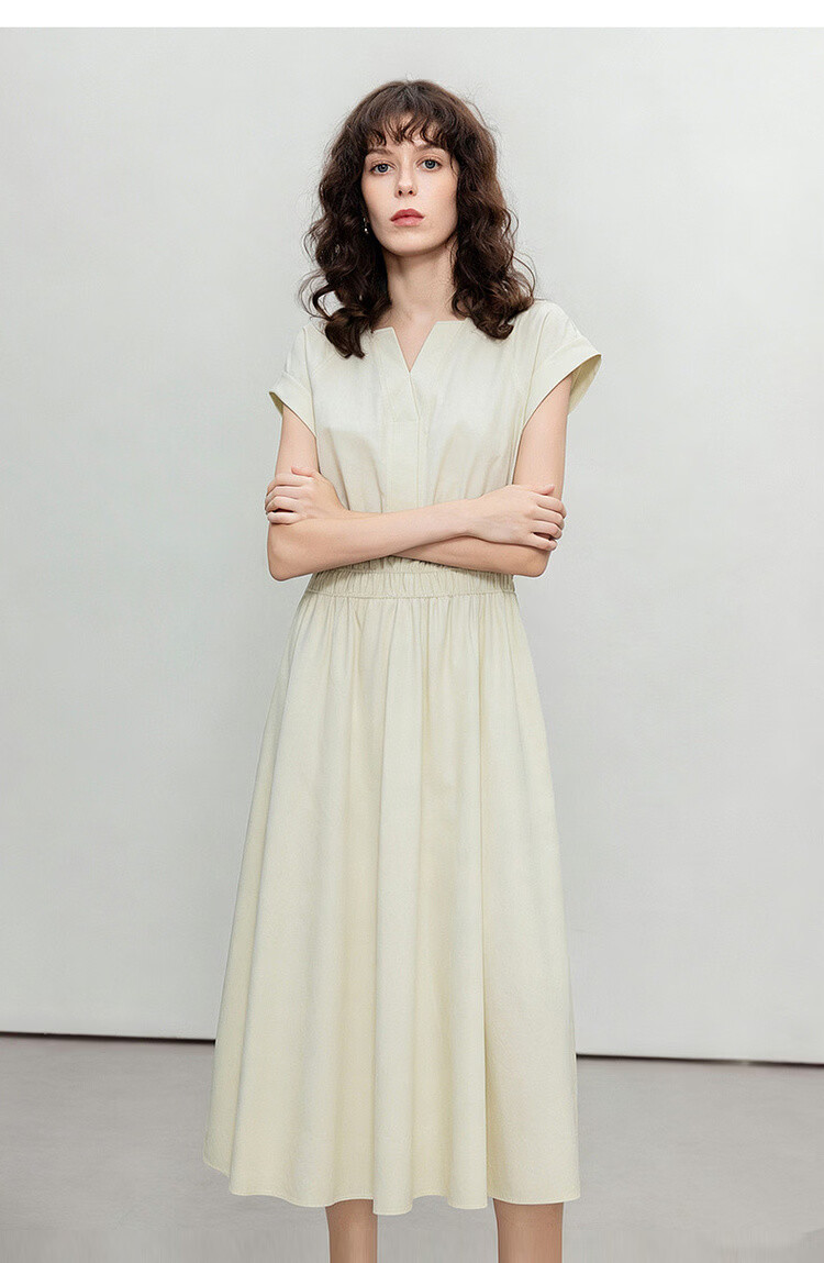 Demana [Lyocell Cotton Blend] Summer Simple Style V-Neck Short Sleeve Waist-Cinched A-Line Slimming Work Dress for Women 18