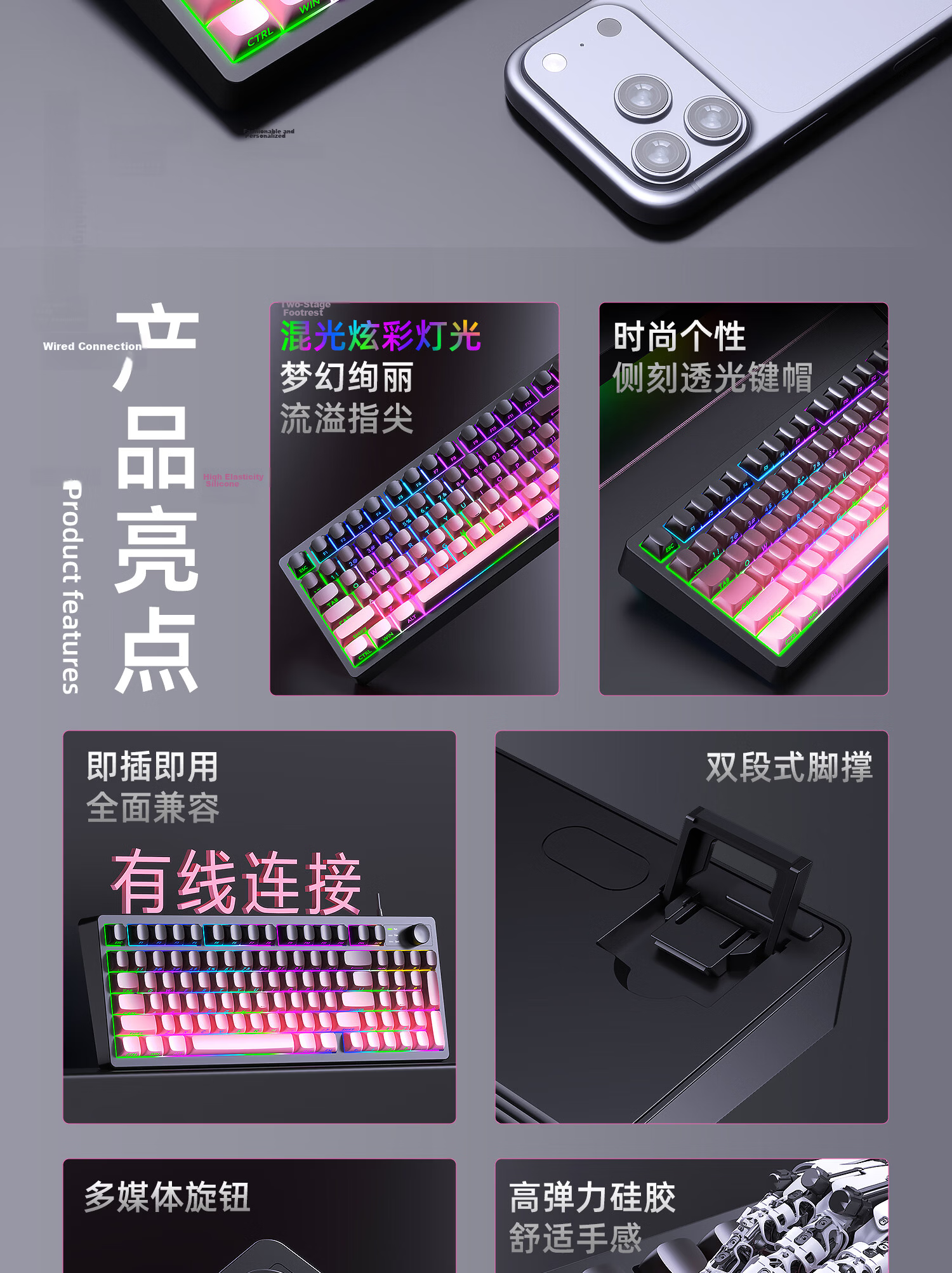 AOC K120 Wired Mechanical Feel Keyboard Gaming Office Keyboard 98-Key Layout Backlit Desktop Laptop Keyboard Dusty Gray Side-Printed 2