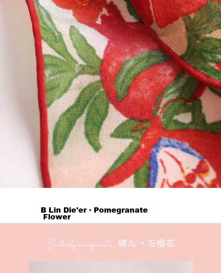 Lagur "Butterfly Pomegranate Flower" 100% Mulberry Silk Triangle Scarf Women's Silk Diamond Scarf Lupine Blue 29