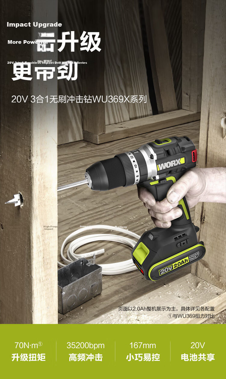 Worx 20V 70N Brushless Impact Drill WU369X.1 (2.0Ah Single Battery) Cordless Lithium Battery Household Wall Drilling Hand Drill 1