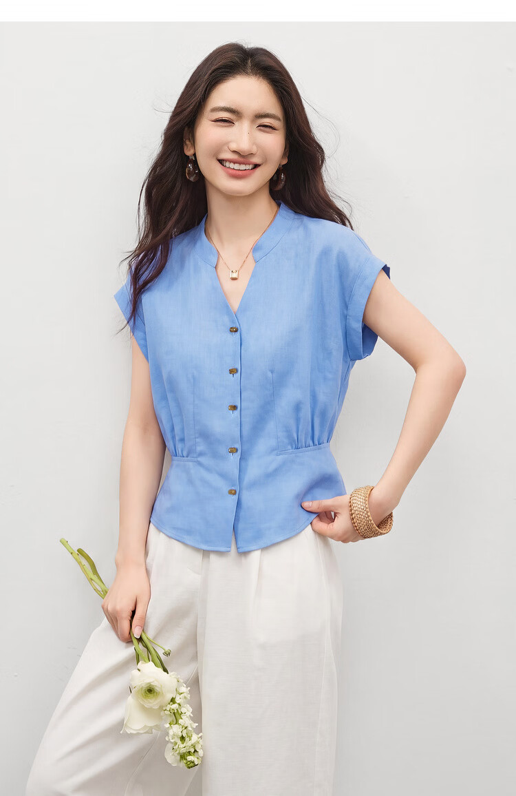 Shangdu Bila Linen Blend Stand Collar Shirt for Women Spring Summer Color-Block Button Slim Fit Flutter Sleeve Waist-Defined Short Sleeve Elegant Top 21