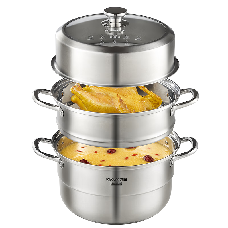 Joyoung Steamer 304 Stainless Steel Large Capacity Home Use Visible High Dome Lid Three-Layer 30cm for Steaming Buns and Soup