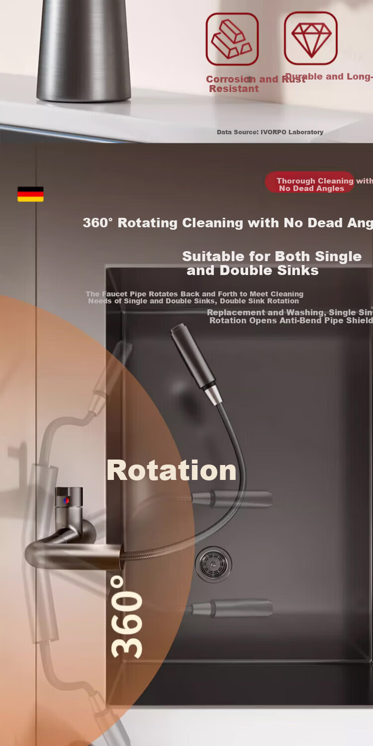 IVORPO [Germany] All-Copper Kitchen Pull-Out Faucet Hot and Cold Two-in-One Rotatable Sink Stretchable Swivel Faucet 10
