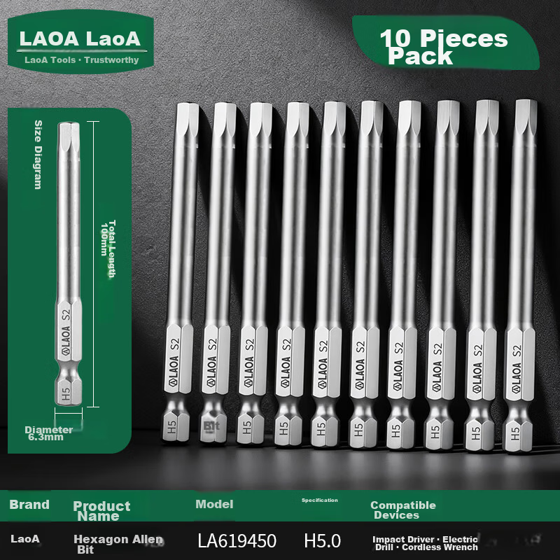 LAOA LA619450 S2 Hexagon Screwdriver Bits Set 10pcs 5*100mm