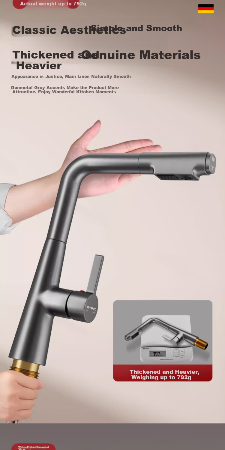 IVORPO [Germany] All-Copper Kitchen Pull-Out Faucet Hot and Cold Two-in-One Rotatable Sink Stretchable Swivel Faucet 13