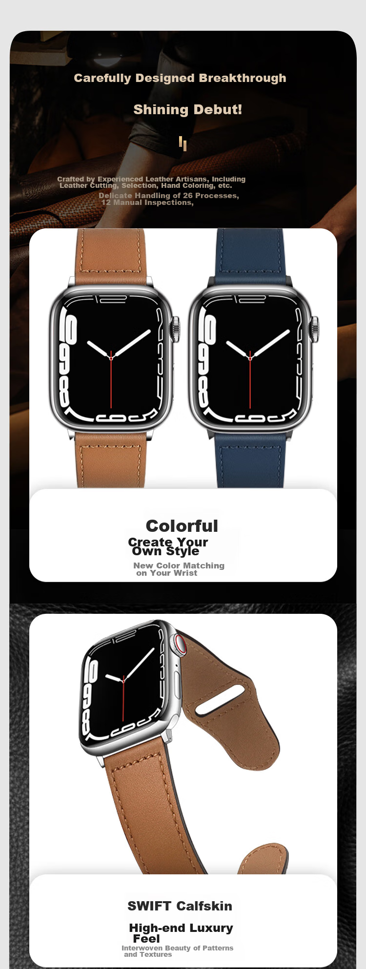 MSSM Leather Watch Strap Compatible with Apple Watch, Swift Cowhide Band for IWatch S12/11/ultra4/S10/9/SE3 - Brown 44-49 5