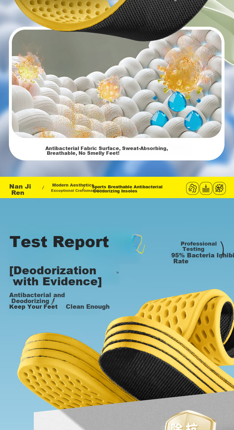 Nanjiren 2 Pairs Antibacterial Deodorant Breathable Sports Insoles for Men and Women, Sweat-Absorbing, Military Training, Shock-Absorbing, Soft and Elastic, Comfortable for Long Standing, Size 39-40 4