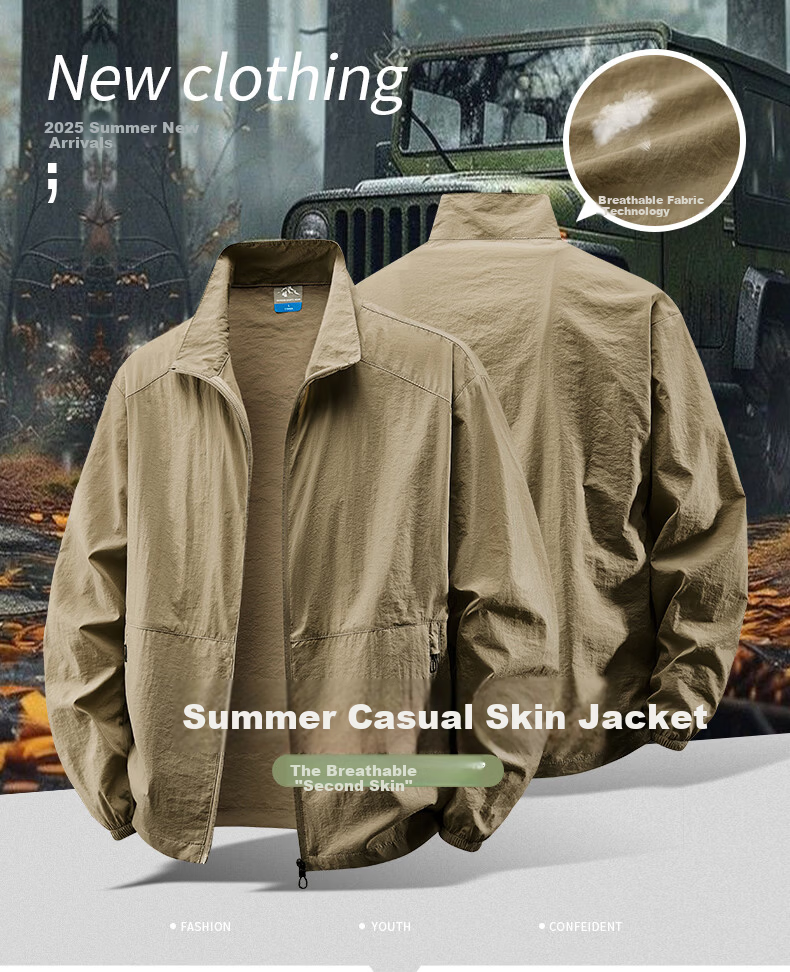 ROMON Sun Protection Jacket for Men, Lightweight Summer Casual Outdoor Stand-Collar UV Protective Clothing, Khaki, 2XL 1