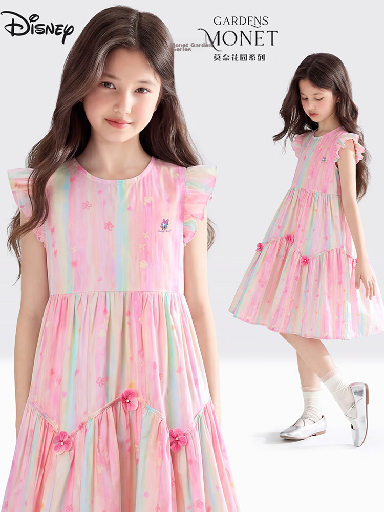 Disney Girls' Summer Cotton Floral Dress Lightweight Princess Dress for Older Children 1A061 Pink Size 160 1