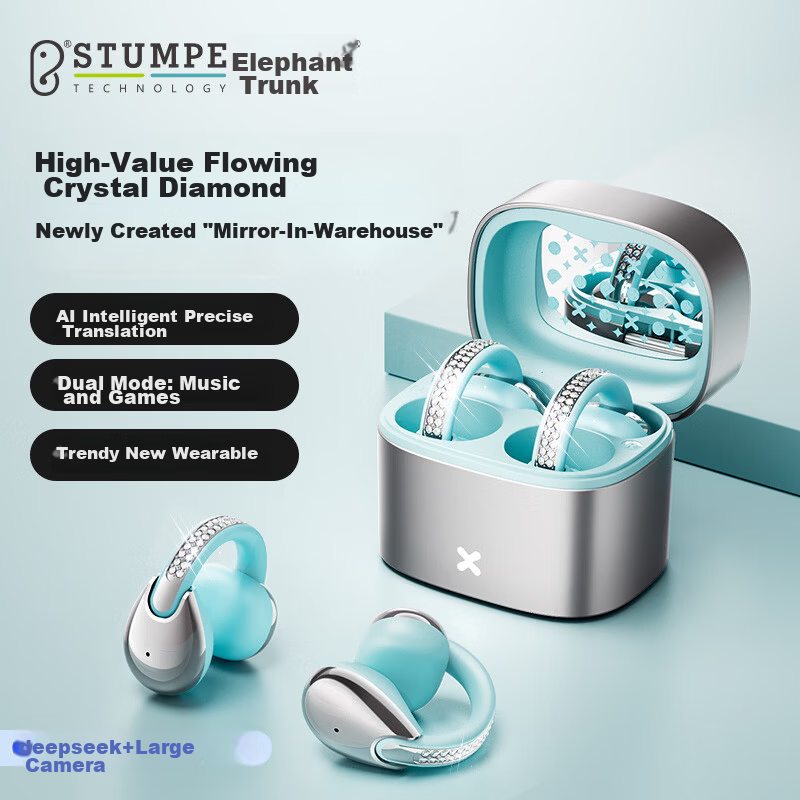 Elephant Trunk [High-Value Flowing Crystal Diamond] 2026 Latest Dual-Mode AI Translation Monster Wireless Bluetooth Earphones Ear-Hook Clip-On Call Noise Cancelling Ultra-Long Battery D101 Blue