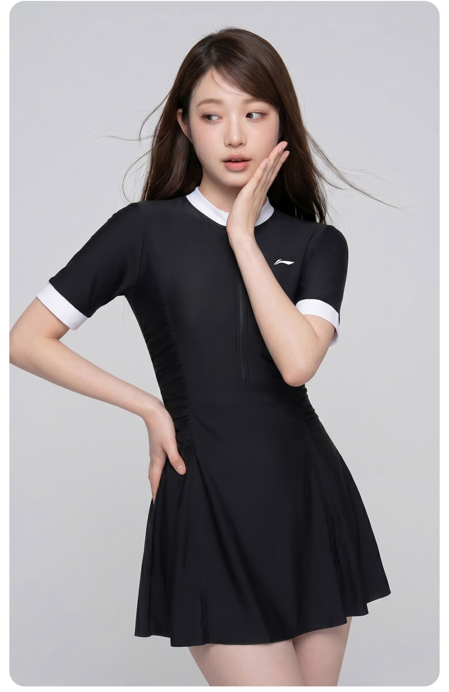LI-NING Women's One-Piece Skirted Swimsuit Conservative Plus Size Tummy Control Spa Swimwear 1501 Black XL 17