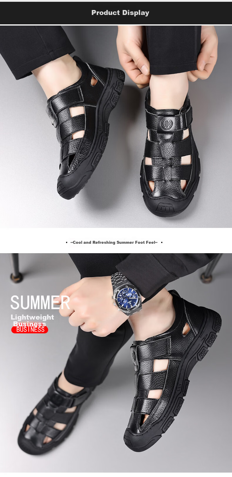 Aokang Father's Day Summer Perforated Shoes Men's Casual Leather Shoes Business Commute Hollow Leather Sandals Men's Black Size 44 11