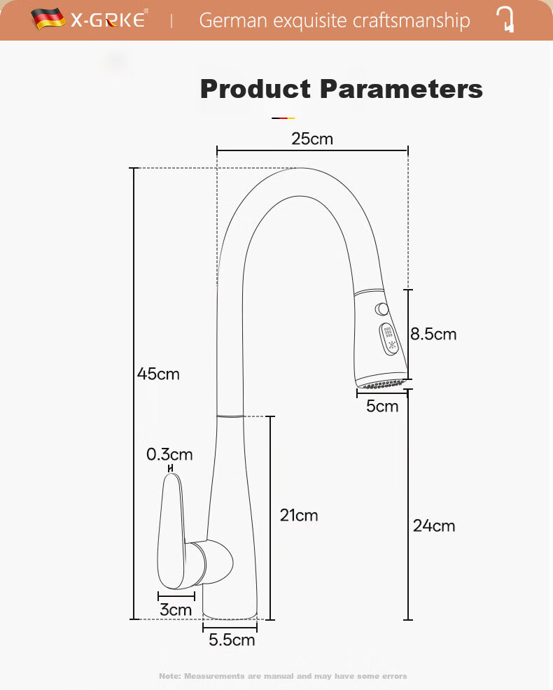 X-GRKE German Kitchen Faucet Hot and Cold Two-in-One Sink Faucet Three-Mode Pull-Out Kitchen Faucet 17