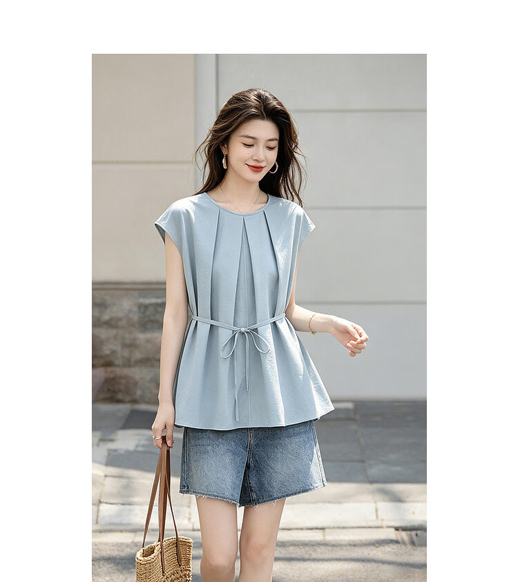 Demana Sun Protection Quick-Dry Sorona Summer Simple Style Pleated Round Neck Cap Sleeve Self-Fabric Belt Shirt for Women Premium Feel 10