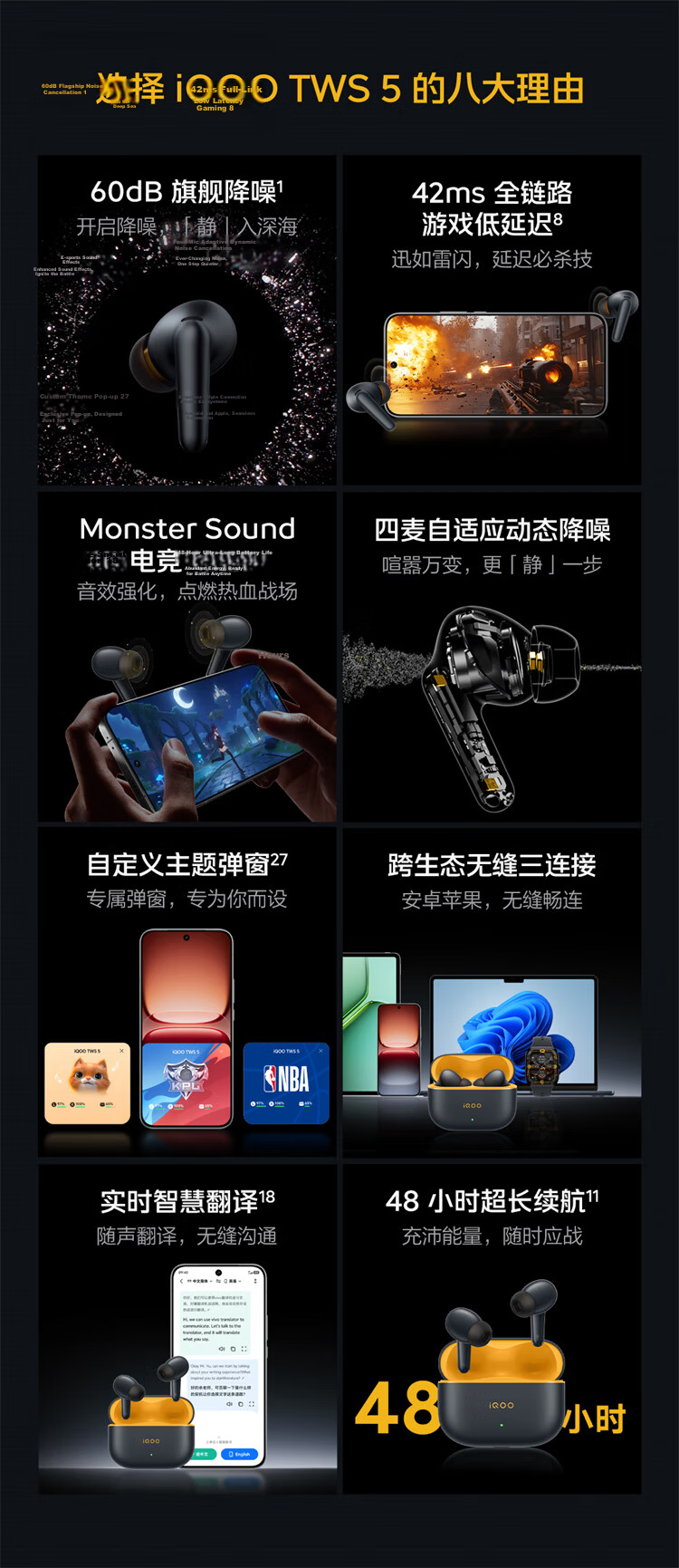 Vivo iQOO TWS 5 Racing Yellow 60dB Active Noise Cancelling 42ms Low Latency Gaming Bluetooth Earphones Compatible with Apple and Huawei Phones 3