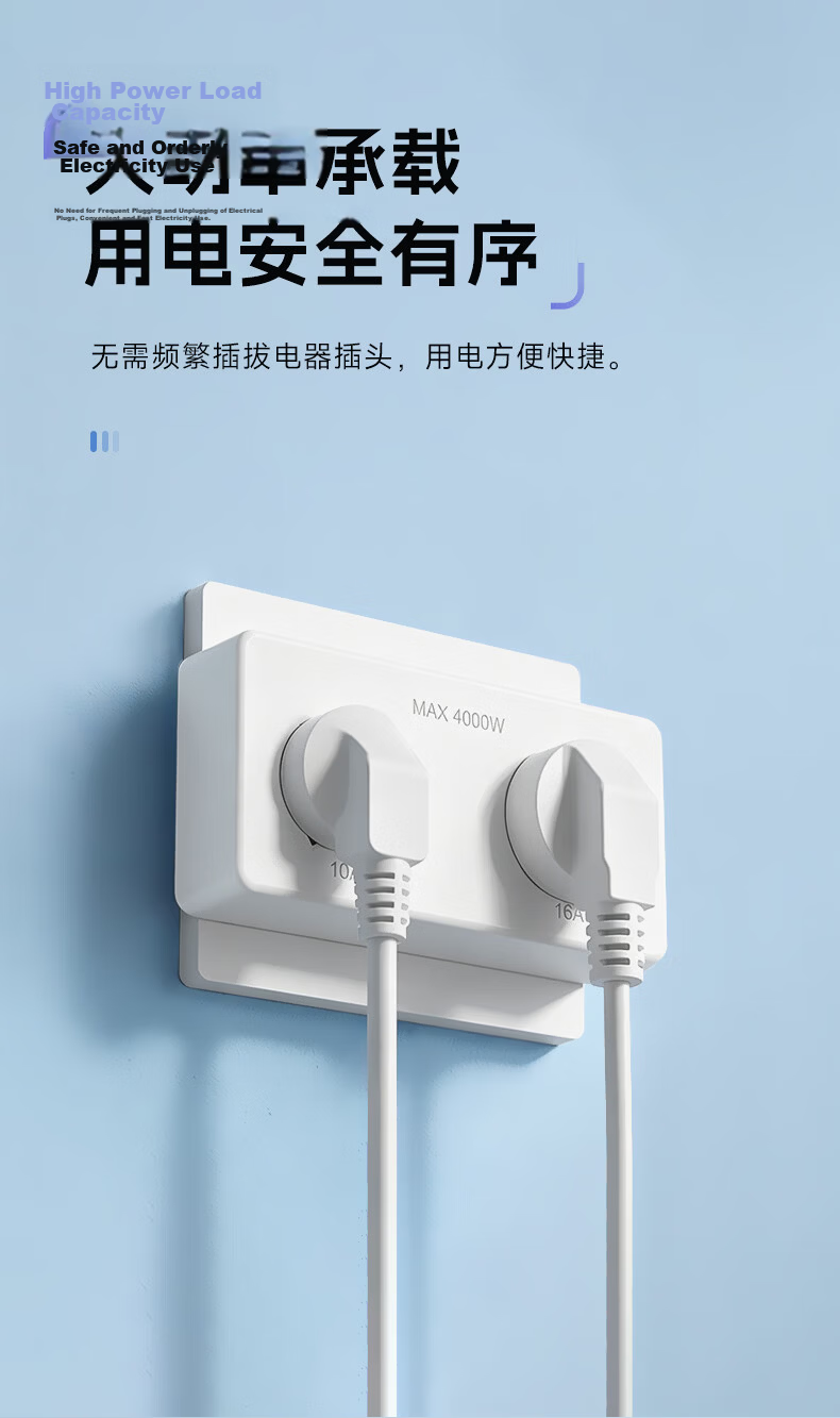 Audolang Power Strip Wall Expansion Socket No Drilling No Wiring Multifunctional Converter Wall Expansion Outlet 16A to 16A+10A White 4