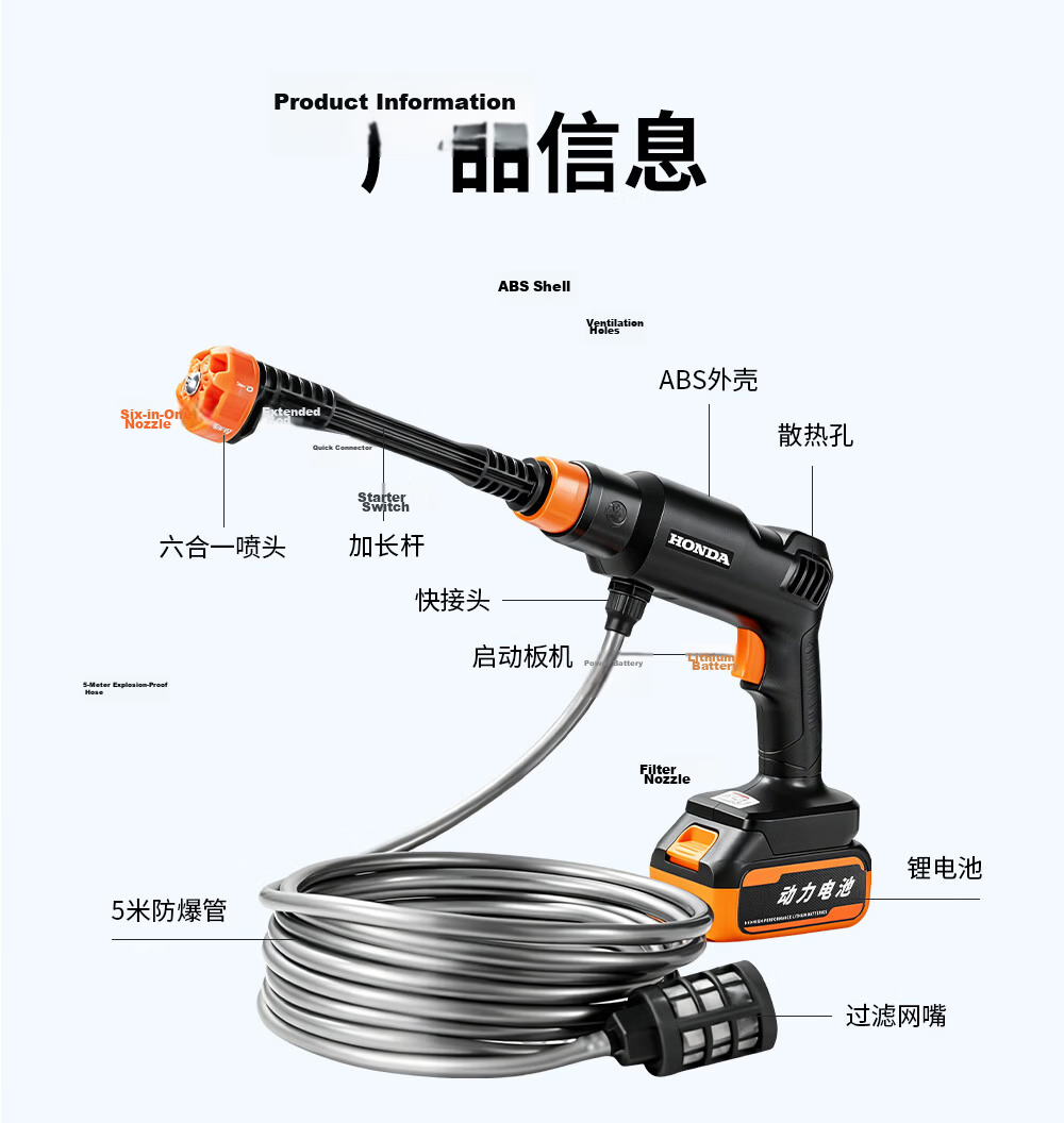 HONDA Wireless Car Washer High-Pressure Water Gun Home Use Powerful Rechargeable Lithium Battery Booster 17