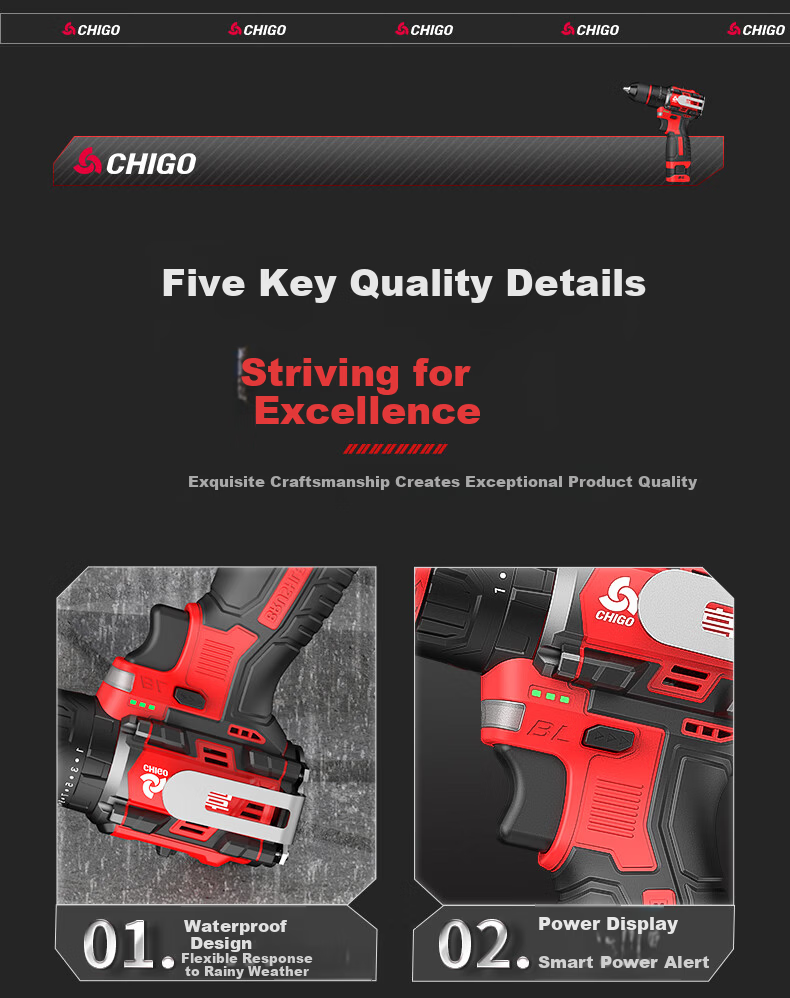 CHIGO 18V Brushless Hammer Drill Compact Cordless Electric Screwdriver Multi-Function Impact Drill 20
