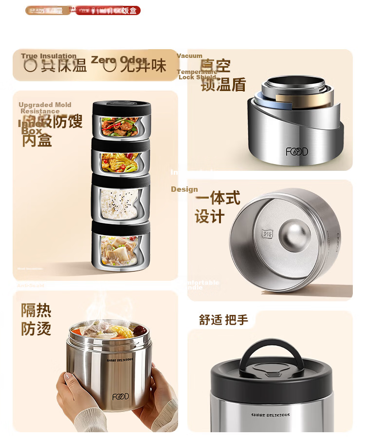 Yolunmei 316 Stainless Steel Insulated Lunch Box 24-Hour Long-Lasting Thermal Container Multi-Layer Bento Box for Office Workers and Students 2