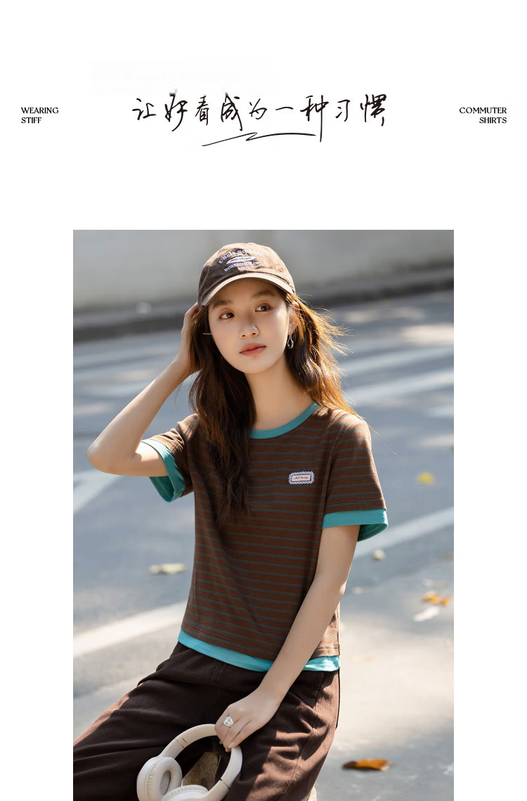 Demana [Gentle Pure Cotton] Summer Retro Stripe Color-Block Applique Slim Fit Petite T-Shirt for Women Premium Quality 12