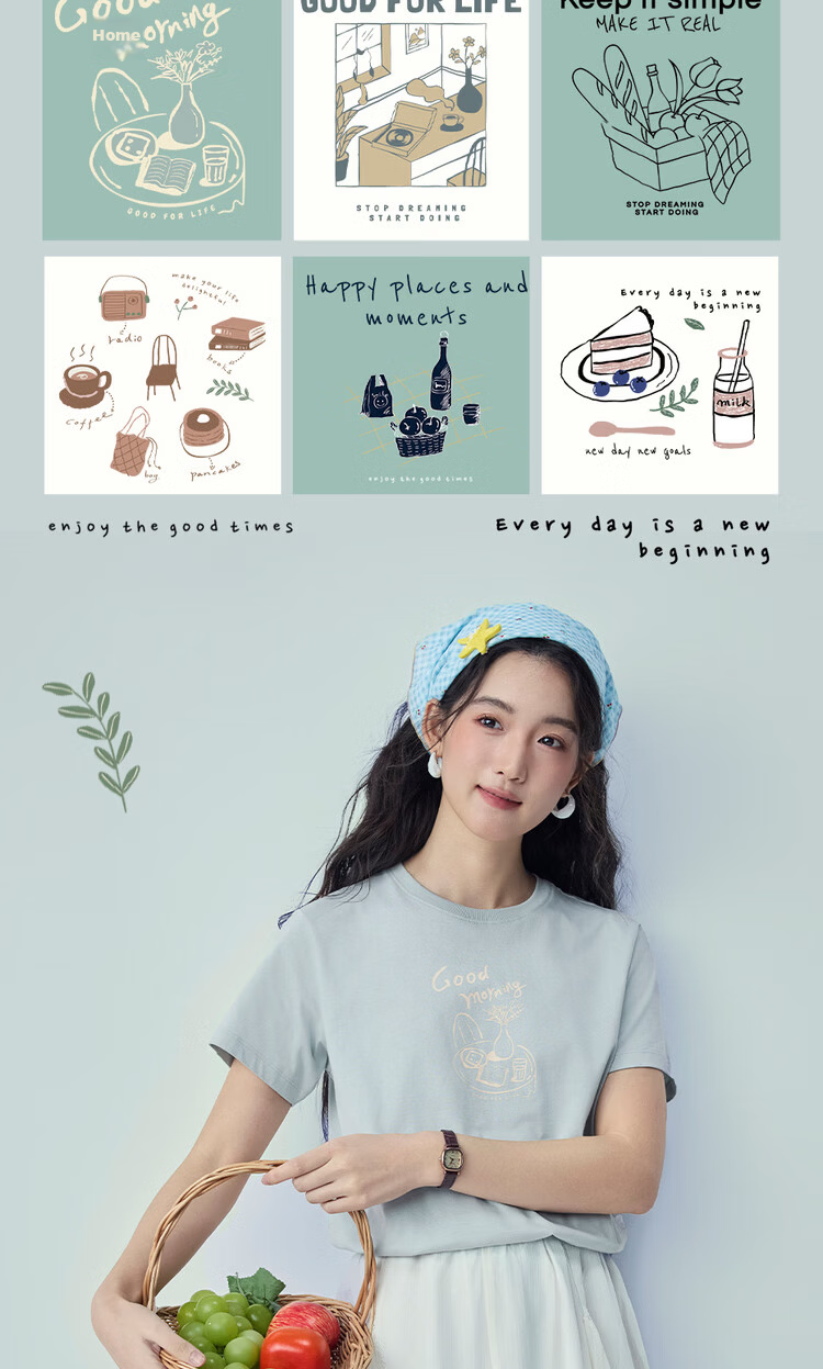 Giordano Women's Short Sleeve T-Shirt New Pure Cotton Afternoon Tea Theme Printed Crew Neck Top 13396304 6