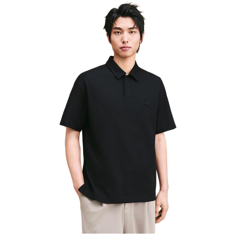 GXG Men's Clothing, Coarse Twill Texture Polo Shirt with Embroidery, Casual Collar, Black, 190/XXXL