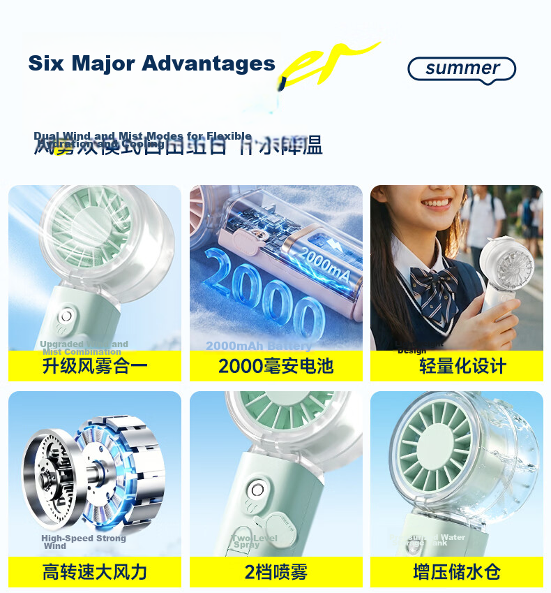 M&G Variety Show Same Style Mini Fan Mist Cooling Handheld Fan Home Desktop Neck Hanging Waist Quiet Outdoor Portable Rechargeable Long Battery Life Mini Fan ARC925FE Mint Green 3
