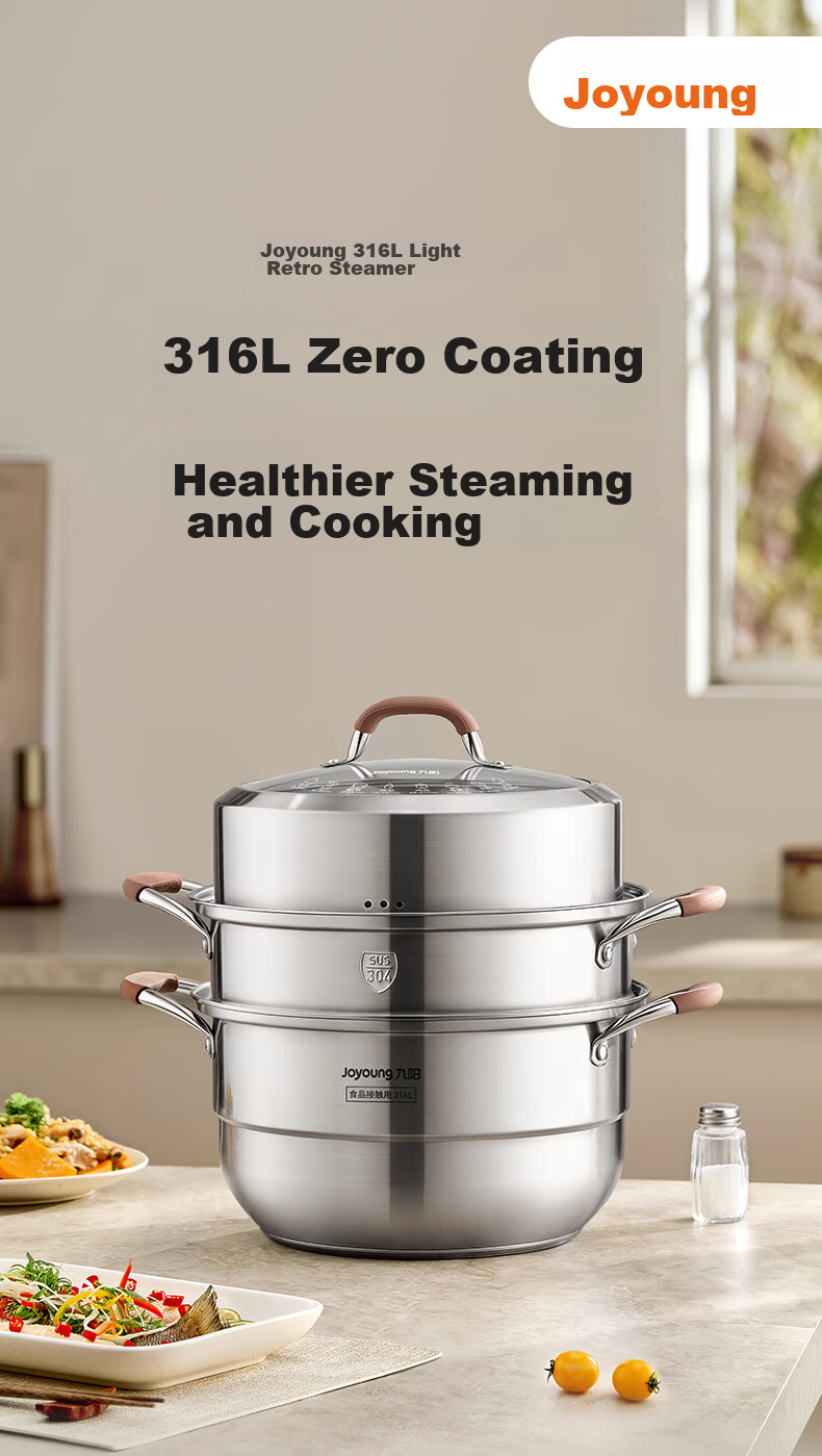 Joyoung 316L Stainless Steel Steamer Pot, Small Size for 2-3 People, Non-Coated Multifunctional Soup Steamer with High Dome Lid, Three Layers, 30cm 1