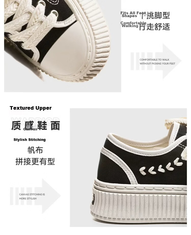 Warrior Women's Canvas Shoes 2026 Summer New Breathable Thick Sole Casual Sneakers 1834 Black Beige Size 39 7