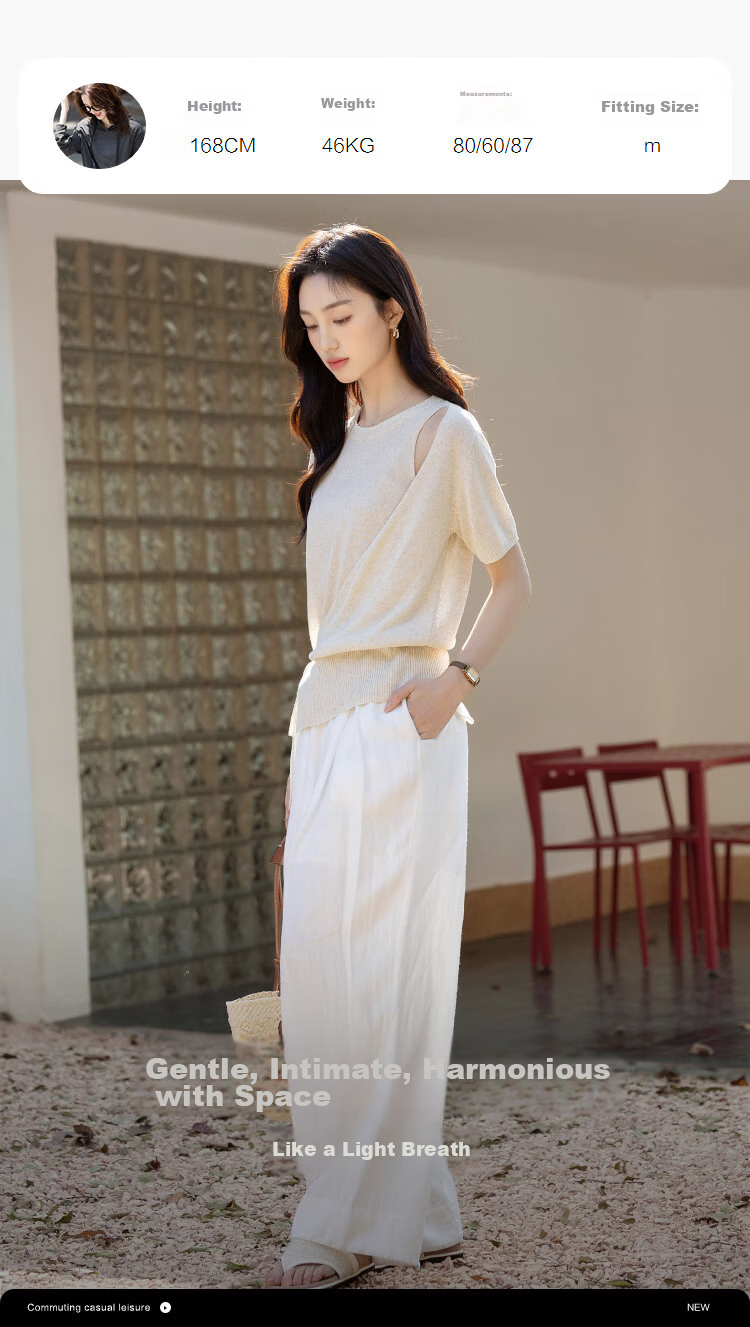 Demana [with Linen Lyocell] Summer Elegant Asymmetric Design Adjustable Tie Slim Knit Top for Women Premium 12