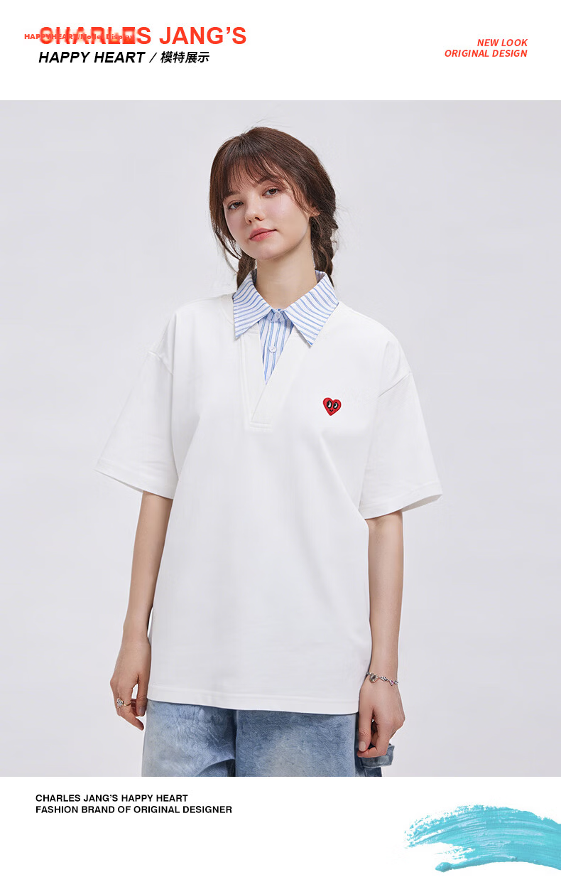 Charles Peach Heart Summer Premium Striped Collar Small Heart Couple Casual Short Sleeve Polo Shirt Navy XL 11