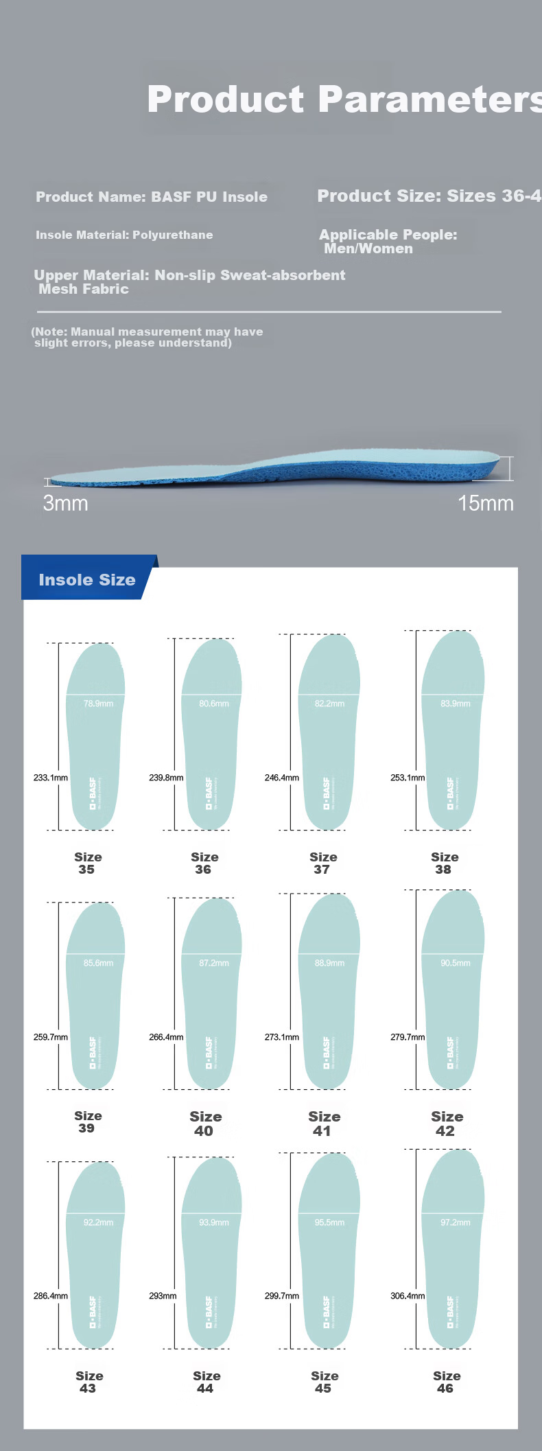 BASF Unisex Cloud-Sense Perforated Insoles Shock Absorption Running Antibacterial Odor-Resistant Sweat-Absorbing Breathable Lightweight Insoles Size 44 11